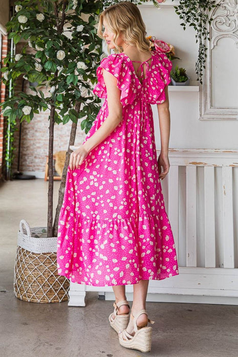 Reborn J Printed V-Neck Ruffle Trim Tiered Midi Dress - MimiStylez