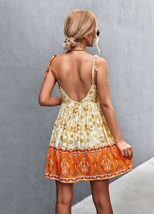 Bohemian Tie Shoulder Surplice Backless Dress - MimiStylez