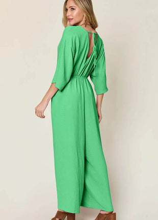 Double Take Full Size Surplice Wide Leg Jumpsuit with Pockets - MimiStylez