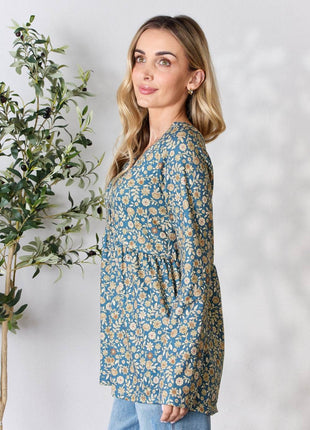 Heimish Full Size Floral Half Button Long Sleeve Blouse - MimiStylez