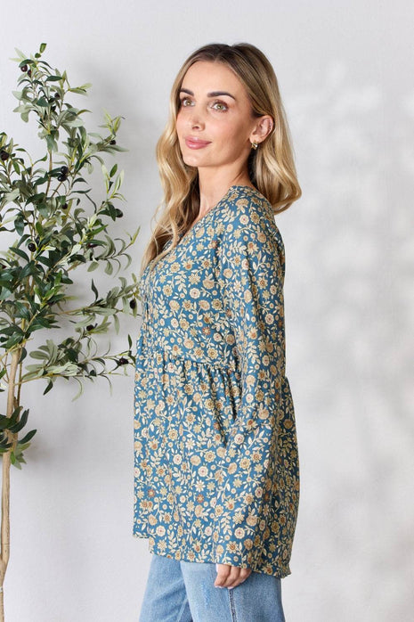 Heimish Full Size Floral Half Button Long Sleeve Blouse - MimiStylez