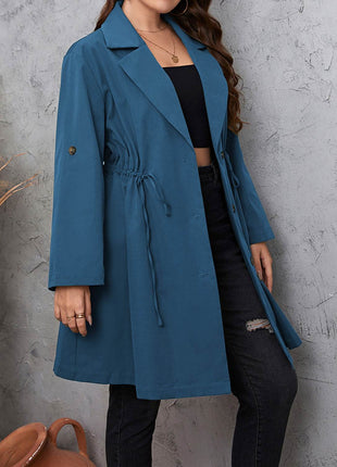 Plus Size Lapel Collar Drawstring Roll-Tab Sleeve Trench Coat - MimiStylez