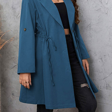 Plus Size Lapel Collar Drawstring Roll-Tab Sleeve Trench Coat - MimiStylez
