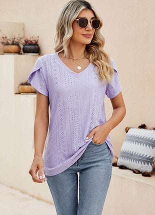 Eyelet Petal Sleeve V-Neck Knit Top - MimiStylez