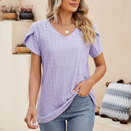 Eyelet Petal Sleeve V-Neck Knit Top - MimiStylez