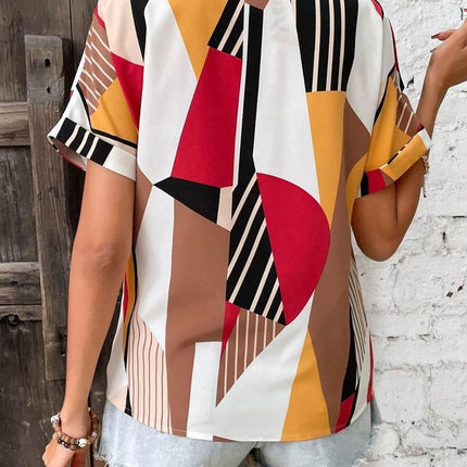 Printed V-Neck Short Sleeve Blouse - MimiStylez