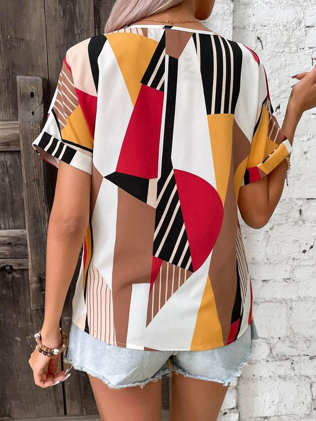 Printed V-Neck Short Sleeve Blouse - MimiStylez