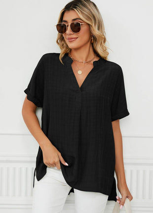 Side Slit Notched Neck Cuffed Short Sleeve Blouse - MimiStylez