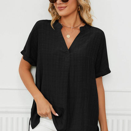 Side Slit Notched Neck Cuffed Short Sleeve Blouse - MimiStylez