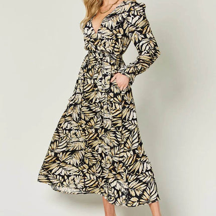 Double Take Full Size Tie Back Flounce Sleeve Dress - MimiStylez