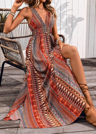 Tied Back Printed Sleeveless Maxi Slit Dress - MimiStylez