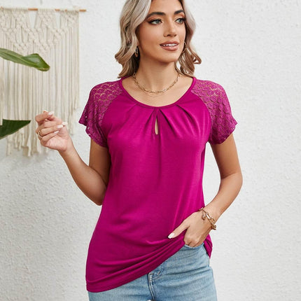 Lace Detail Round Neck Short Sleeve T-Shirt - MimiStylez