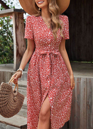 Ditsy Floral Button Front Tied Puff Sleeve Dress - MimiStylez