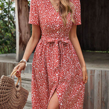 Ditsy Floral Button Front Tied Puff Sleeve Dress - MimiStylez