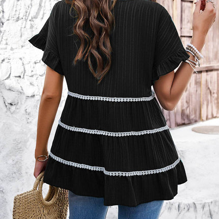 Round Neck Flounce Sleeve Blouse - MimiStylez