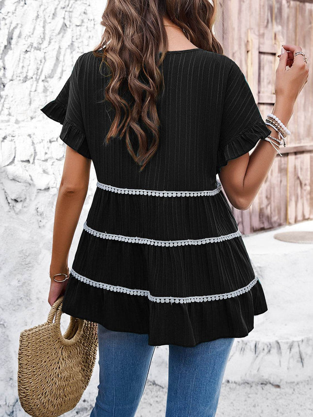 Round Neck Flounce Sleeve Blouse - MimiStylez