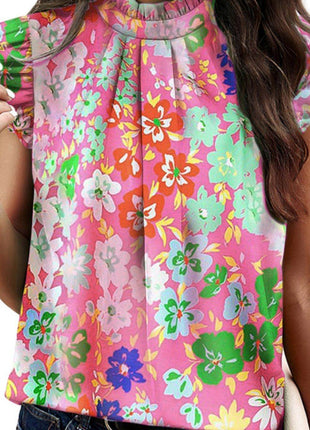 Ruffled Printed Mock Neck Cap Sleeve Blouse - MimiStylez