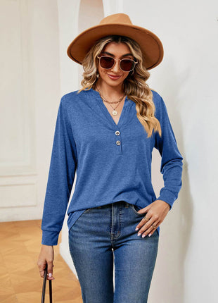 Buttoned Notched Neck Long Sleeve Top - MimiStylez