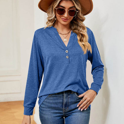 Buttoned Notched Neck Long Sleeve Top - MimiStylez