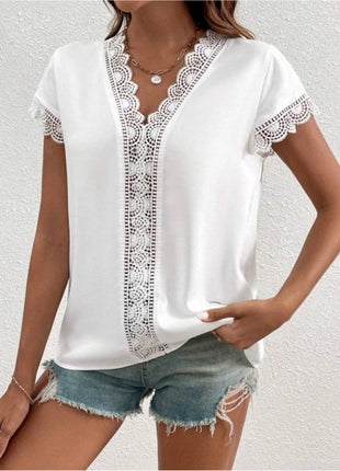 Lace Detail V-Neck Cap Sleeve Blouse - MimiStylez