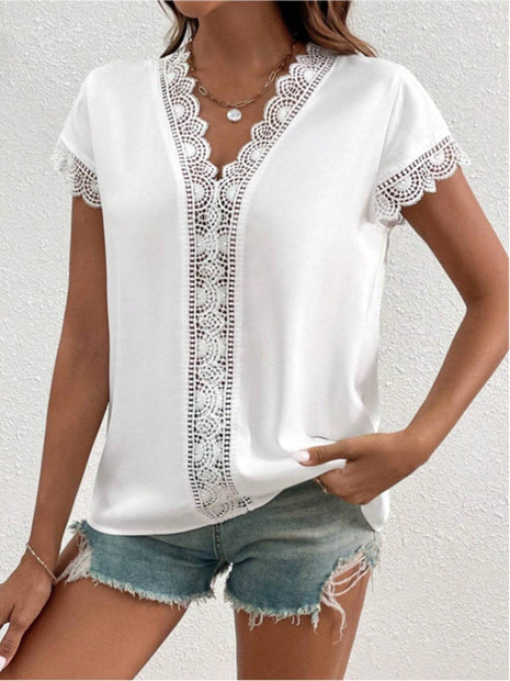 Lace Detail V-Neck Cap Sleeve Blouse - MimiStylez