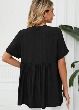 Side Slit Notched Neck Cuffed Short Sleeve Blouse - MimiStylez