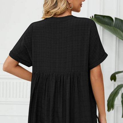Side Slit Notched Neck Cuffed Short Sleeve Blouse - MimiStylez