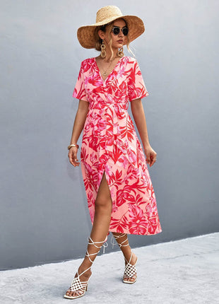 Floral Print High Slit Surplice Neck Tie Waist Midi Dress - MimiStylez