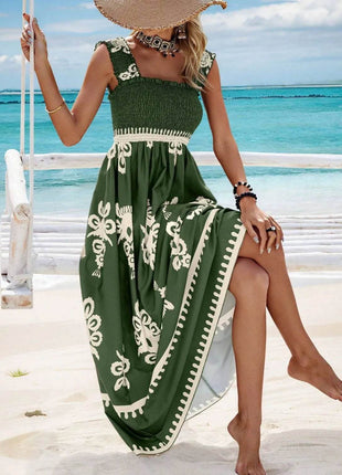 Smocked Printed Wide Strap Maxi Dress - MimiStylez