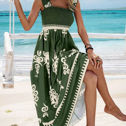 Smocked Printed Wide Strap Maxi Dress - MimiStylez