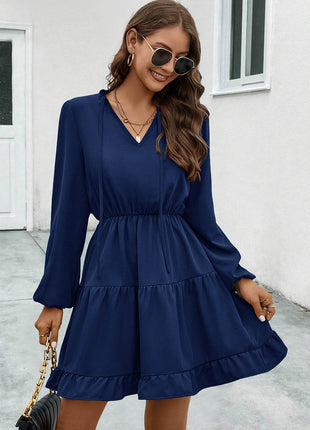 V-Neck Tie Neck Long Sleeve Dress - MimiStylez