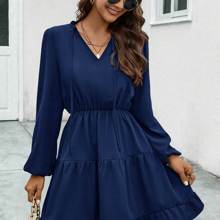V-Neck Tie Neck Long Sleeve Dress - MimiStylez
