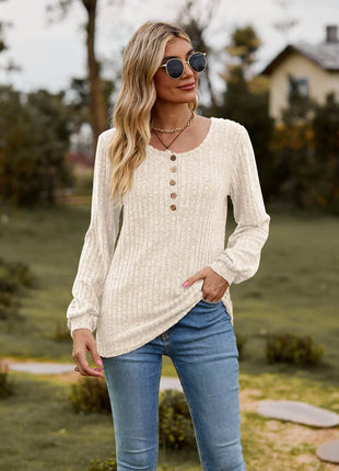 Round Neck Button-Down Long Sleeve Tee - MimiStylez