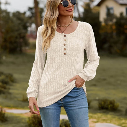 Round Neck Button-Down Long Sleeve Tee - MimiStylez