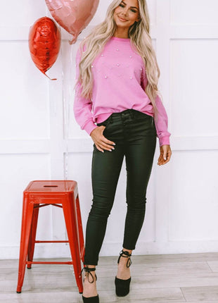 Pearl Round Neck Dropped Shoulder Sweatshirt - MimiStylez