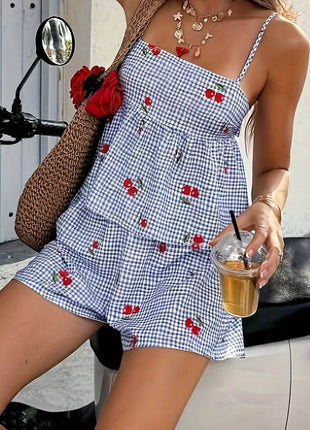 Floral Gingham Print Cami and Shorts Two-Piece Set - MimiStylez
