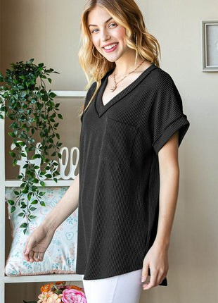 Heimish Full Size Front Pocket Short Sleeve Ribbed Top - MimiStylez