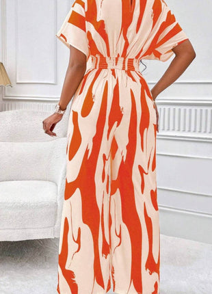 Printed V-Neck Short Sleeve Wide Leg Jumpsuit - MimiStylez