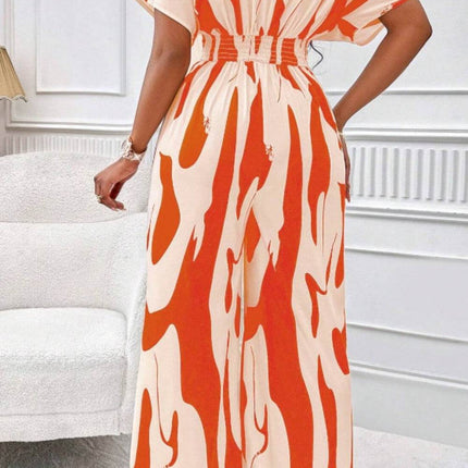 Printed V-Neck Short Sleeve Wide Leg Jumpsuit - MimiStylez