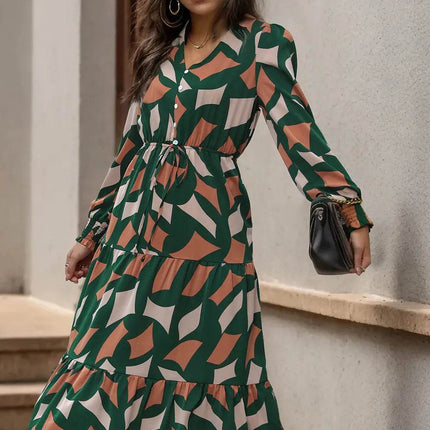 Perfee Printed Tied Pocketed Lantern Sleeve Dress - MimiStylez