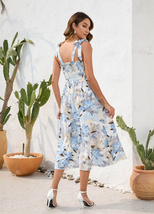 Smocked Printed Square Neck Midi Dress - MimiStylez