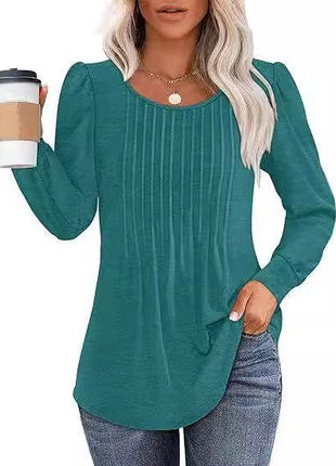Women's Bubble Sleeve Waist Pleated Round Neck Long Sleeve T-shirt - MimiStylez