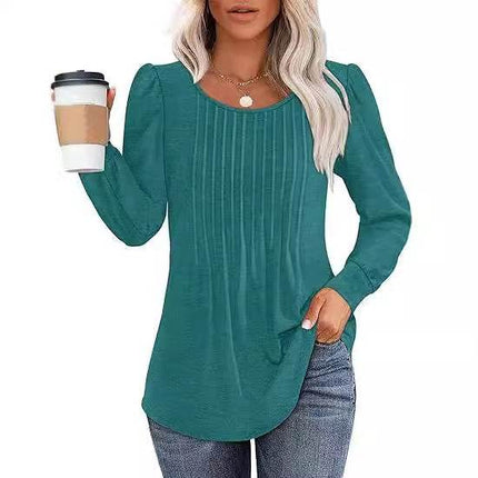 Women's Bubble Sleeve Waist Pleated Round Neck Long Sleeve T-shirt - MimiStylez