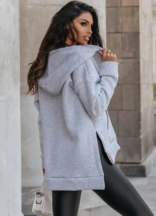 Zip-Up Slit Hoodie with Pockets - MimiStylez
