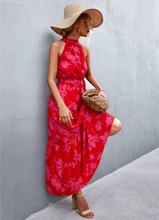 Printed Sleeveless Tie Waist Maxi Dress - MimiStylez