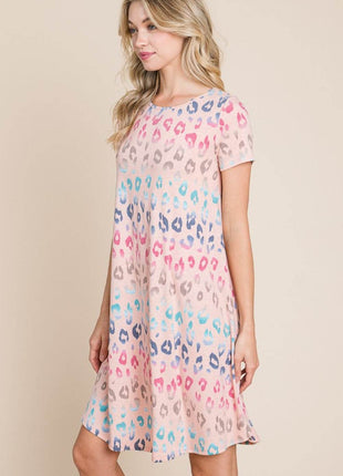 BOMBOM Leopard Round Neck Short Sleeve Dress - MimiStylez