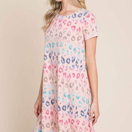BOMBOM Leopard Round Neck Short Sleeve Dress - MimiStylez