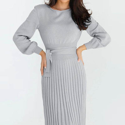 Round Neck Long Sleeve Pleated Sweater Dress - MimiStylez