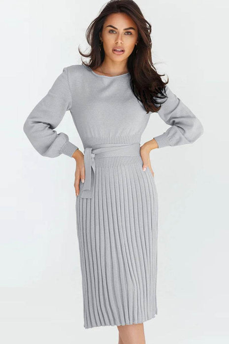 Round Neck Long Sleeve Pleated Sweater Dress - MimiStylez