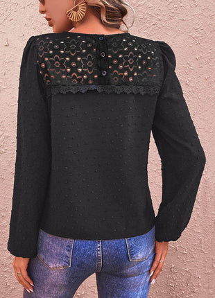 Swiss Dot Lace Trim Long Sleeve Blouse - MimiStylez